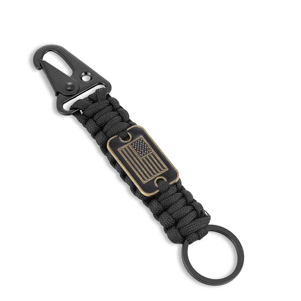 MKENDN Tactical Survival Tools Keychain with Bronze USA Flag Men Outdoor Camping Emergency Paracords Olecranon Clip Carabiner