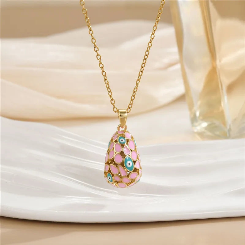 Fashion Easter Egg Enamel Zircon Pendant Necklace Stainless Steel Chains Geometric Choker Jewelry Gifts For Women Girls