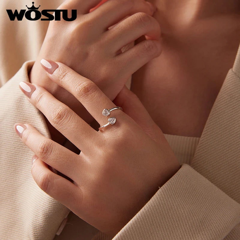 WOSTU Adjustable Double Heart Ring for Women, Sterling Silver Stackable Open Band Minimalist Promise Ring Gift for Lover Mom