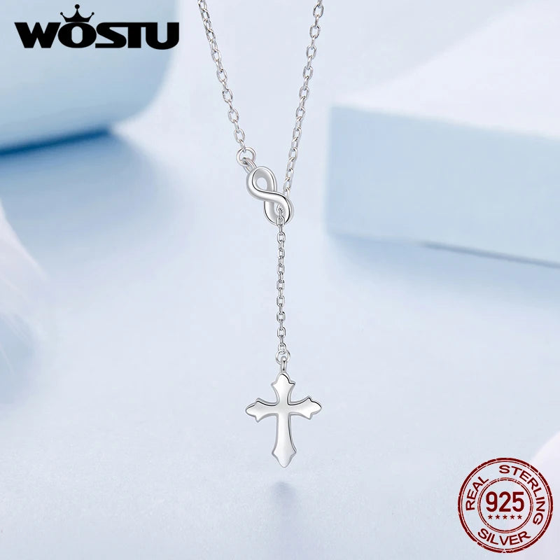 WOSTU 925 Sterling Silver infinite love Faith Cross Y Chain Necklace For Women European Simple Jewelry Gift Pendant Necklaces