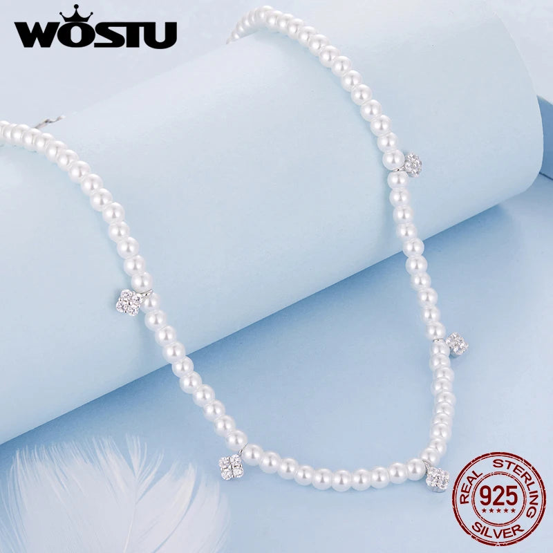 WOSTU 925 Sterling Silver Multi Layer Pearl Necklace For Women, Y-Shape CZ Pearl Pendant Elegant Valentine's Day Wedding Jewelry