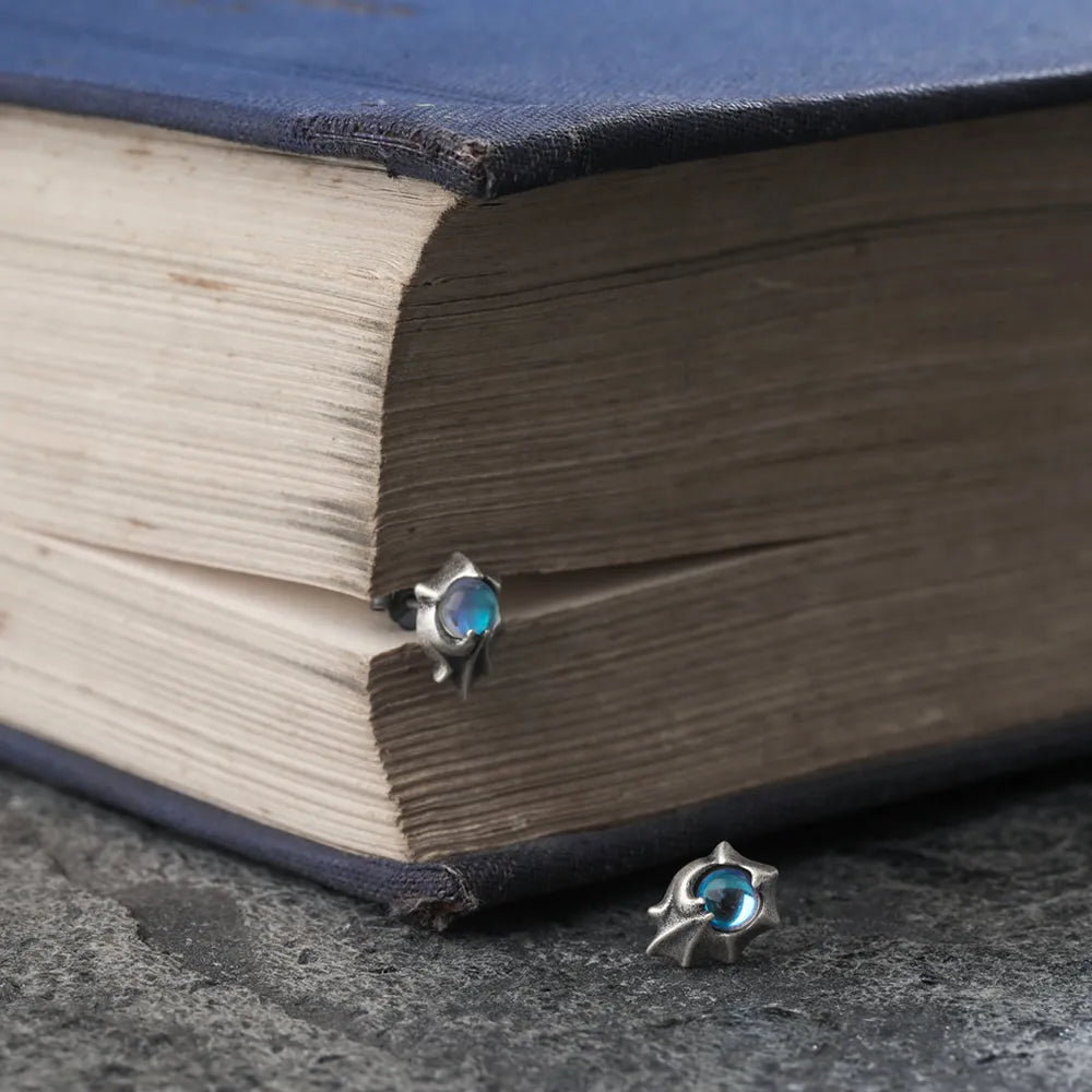 MKENDN 100% 925 Sterling Silver Earrings Men Women Vintage Dragon Wings Stud Earrings With Light Blue Stone Personality Jewelry