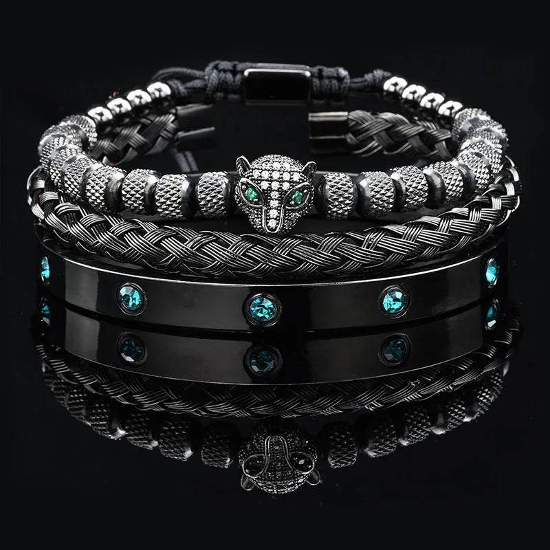 Luxury Black Stone Beads Leopard Head Man Bracelet Enamel Stainless Steel Roman Bangles Women Jewelry Set