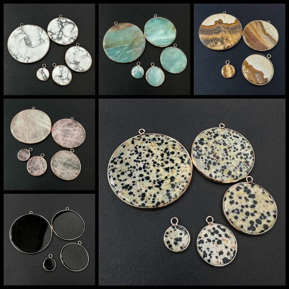 2PCS Round Slice Gems Stone Pendant Natural Amazonite Obsidian Quartzs Charm Fit Jewelry Making DIY Earrings Necklace Bracelet