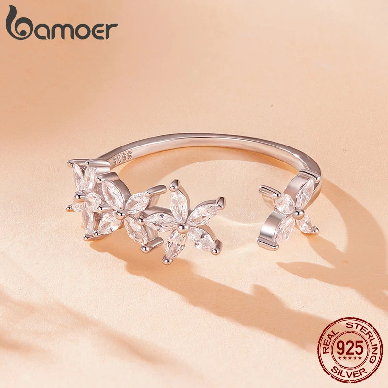 Bamoer 925 Sterling Silver Autumn Leaves Open Ring Pave Setting CZ Maple Leaf Adjustable Ring for Women Teens Anniversary Gift