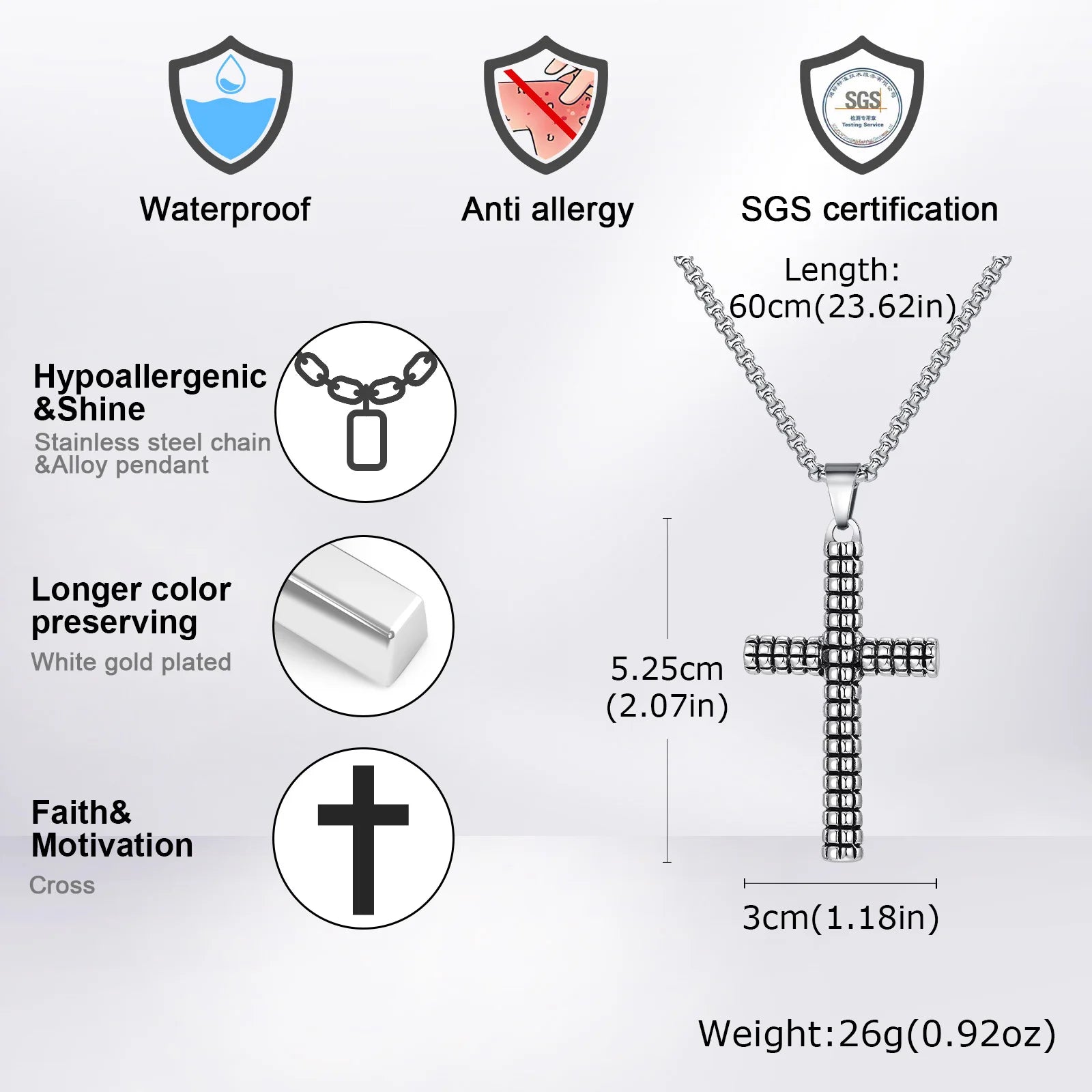 Vnox Large Cross Pendant Necklaces, Punk Hiphop Church Baptism Cross Necklaces for Men Boys, Fashion Long Neck Collar