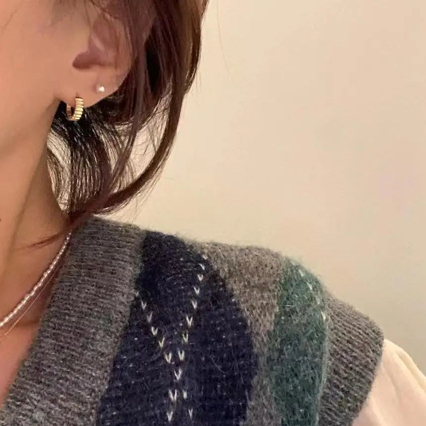 Retro Trendy Ribbed Earrings 925 Sterling Silver Plated 14K Gold Earrings for Women Versatile Jewelry