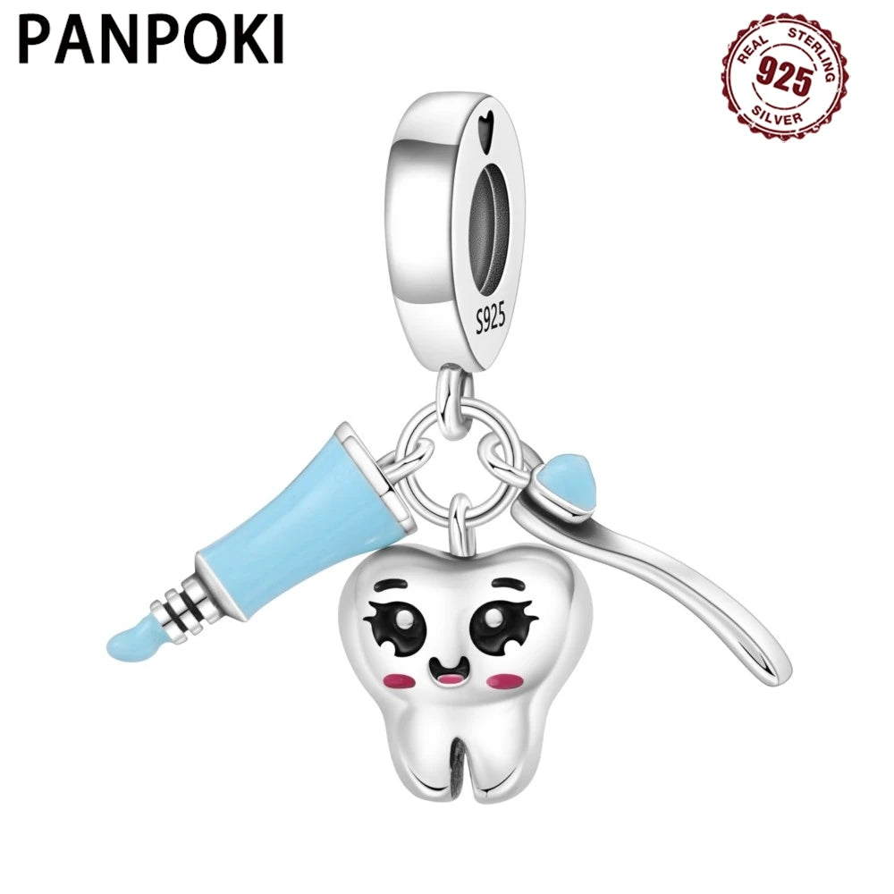 PANPOKI 925 Sterling Silver Dental Health Pendant Charms Beads Fit Bracelets DIY Party Trendy Gifts Jewelry Accessory