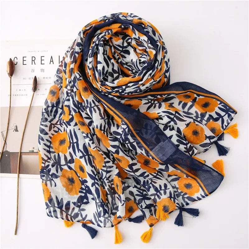 Luxury Bohe Styles Women Viscose Scarf Designer Shawl Tassel Pashmina Muslim Hijabs Wraps Floral Foulard Headband