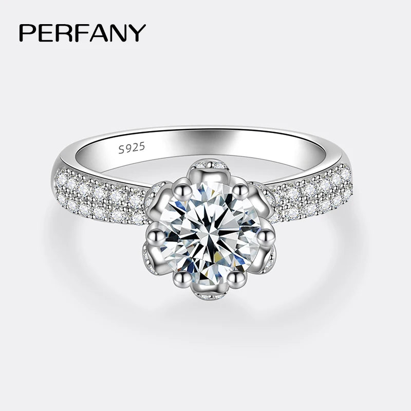 PERMANY 1-5CT Moissanite Ring S925 Pure Silver Six Claw Petal Design Bridal Eternal Ring Women's Wedding Jewelry