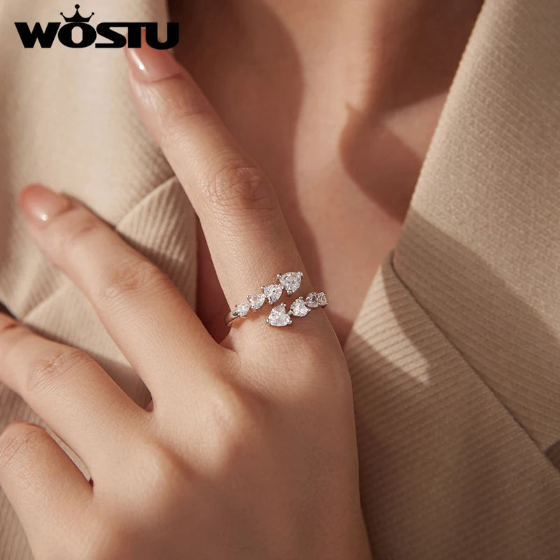 WOSTU 925 Silber Herz-Verlobungsring, funkelnder Zirkonia-Ring, offener stapelbarer Liebesring, minimalistisches Geschenk zum Valentinstag und Jahrestag für sie