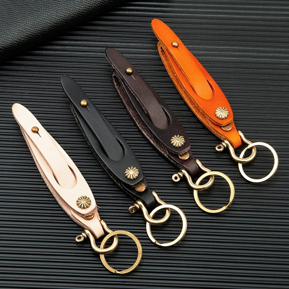 MKENDN Handmade Vegetable Tanned Cowhide Keychain for Men Women Simple Car Key Pendant Brass Horseshoe Buckle Waist Hanging