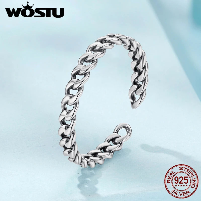 WOSTU Real 925 Sterling Silver Punk Cuban Link Ring For Women Stylish Retro Adjustable Ring for Women Hip Hop Girls Party Gift