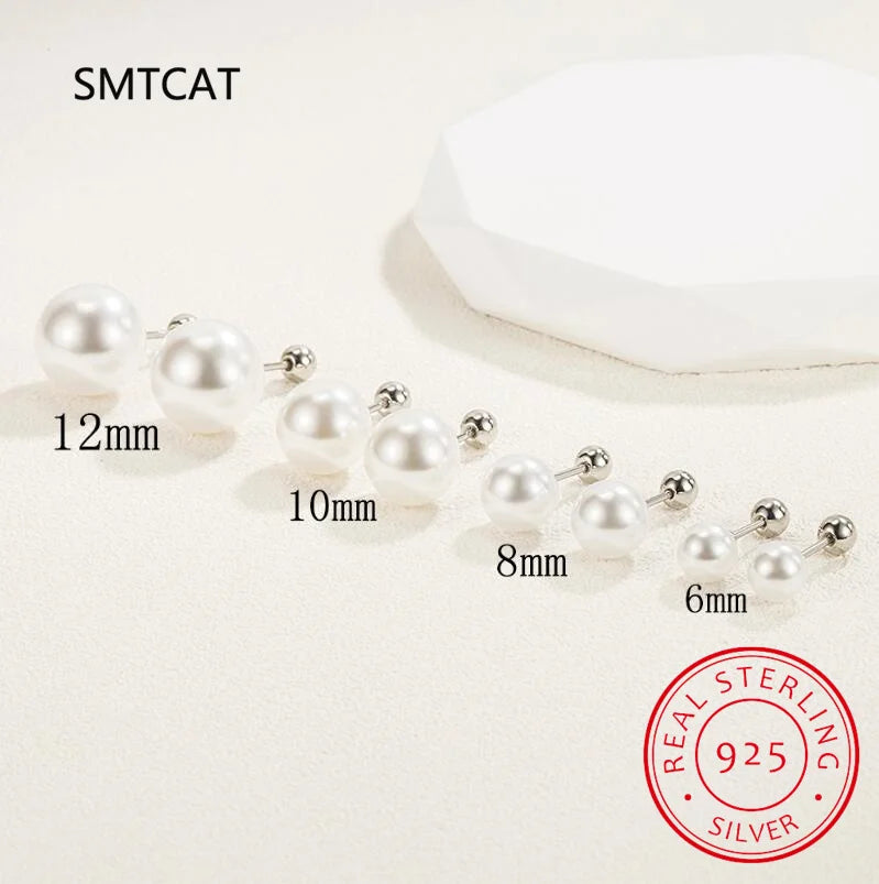 Real 925 Sterling Silver Round 6/8/10/12MM Pearl Screw Bead Stud Earrings For Women Cute Fine Jewelry Minimalist Accessories