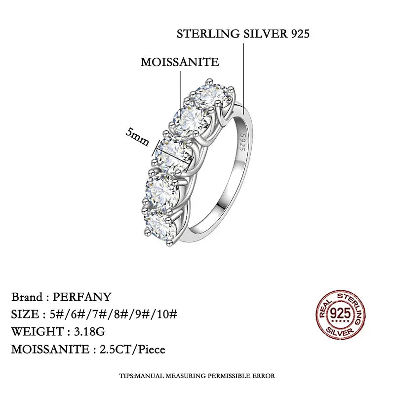 PERFANY 2.5/5CT Moissanite Ring For Women S925 Pure Silver Five Gemstone Ring Luxury Wedding High-end Jewelry - Madeinsea©