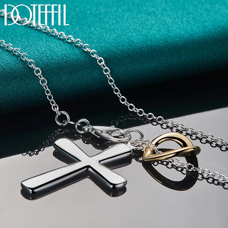 DOTEFFIL 925 Sterling Silver Cross Heart Pendant Necklace For Woman Man Wedding Engagement Party Charm Jewelry