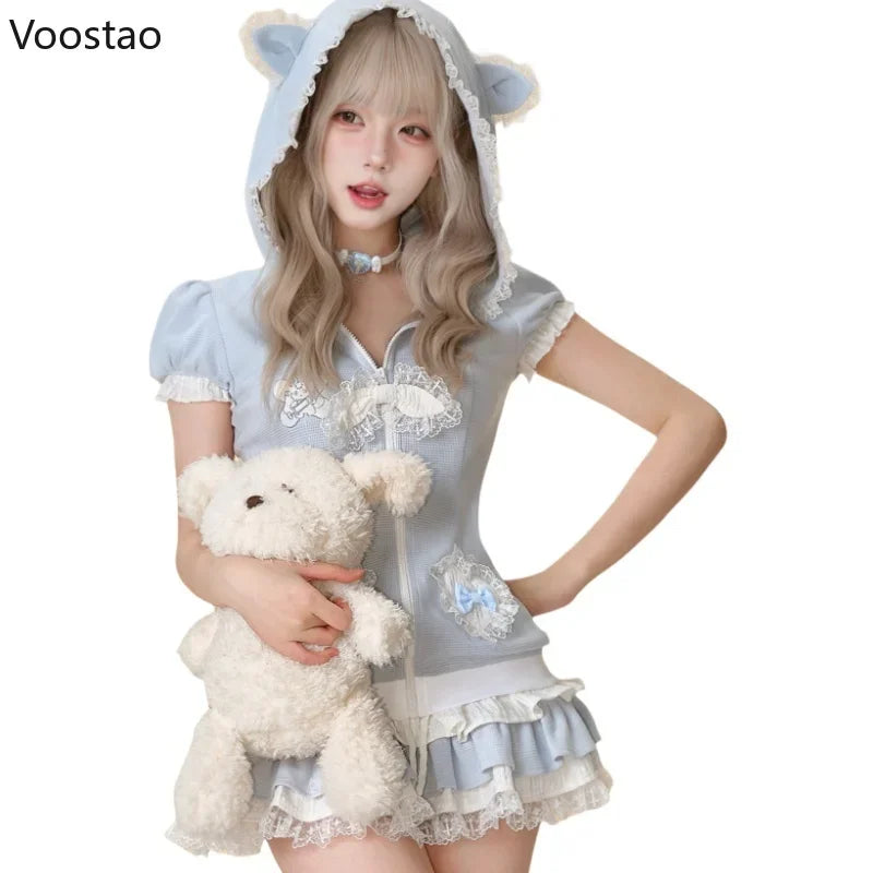 Japanese Sweet Lolita Style Skirt Set Women Kawaii Bear Ear Hooded Coat Top Cute Cake Skirt Suit Female Y2k Bowknot Lace Outfits