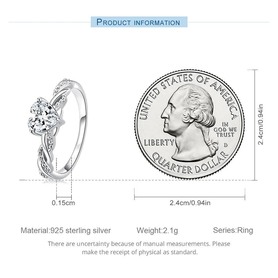 BISAER 925 Sterling Silver Ring Heart Romantic Zircon Plated Platinum For Women Wedding Promise Statement Rings Fine Jewelry