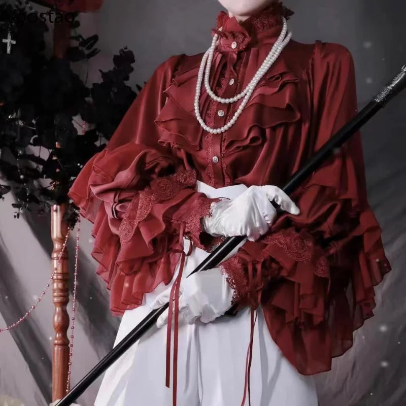 Victorian Gothic Vintage Lolita Shirts Women Elegant Lace Patchwork Batwing Sleeve Blouse Tops Female Y2k Aesthetic JK Blusas - Madeinsea©