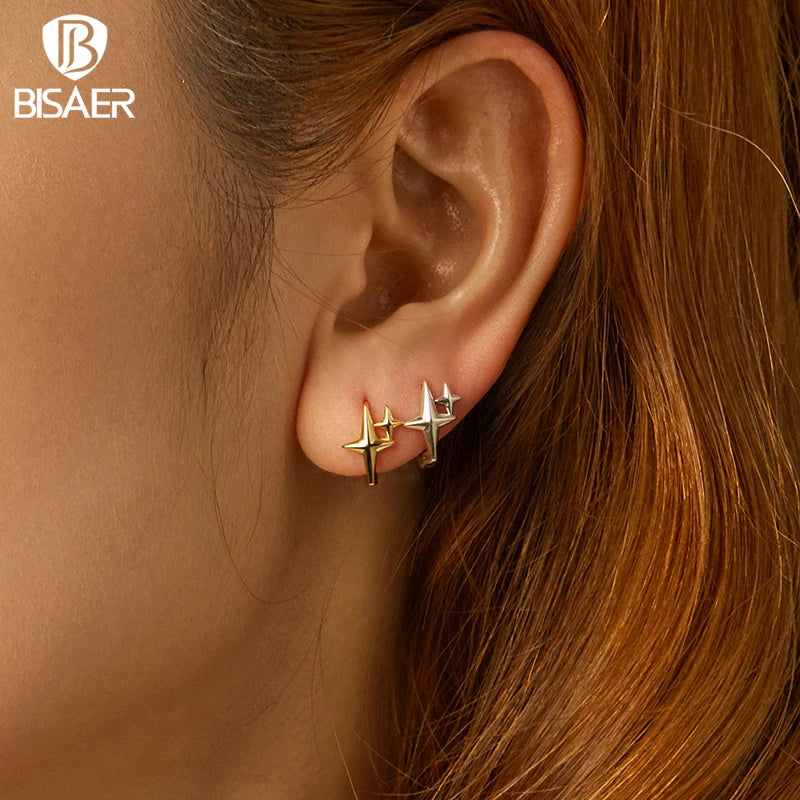 BISAER 925 Sterling Silver Starlight Hoop Earrings Star Huggie Earrings Hoop Plated Gold For Women Party Weeding Fien Jewelry