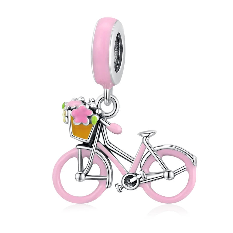 WOSTU 925 Sterling Silver Cartoon Bus Charm Beetle Car Bead Pink Bicycle Pendant Fit Bracelet Necklace Girl Birthday DIY Jewelry