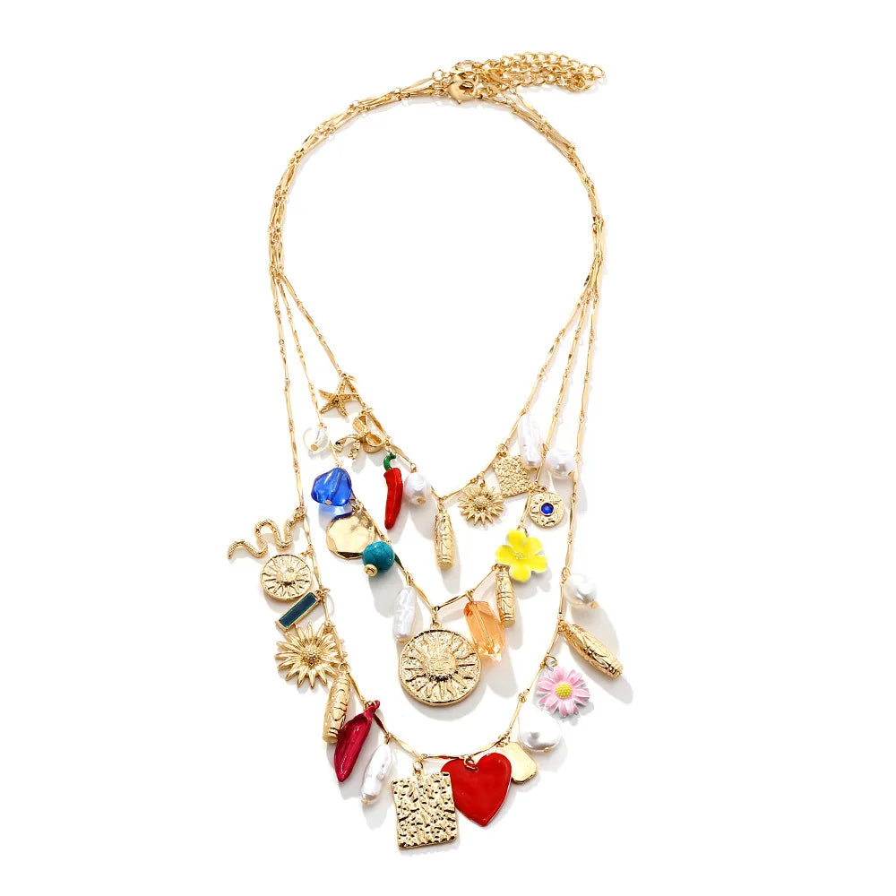 ZAA Cute Multi-Layer Snake Chili Flower Tassel Pendant Necklace