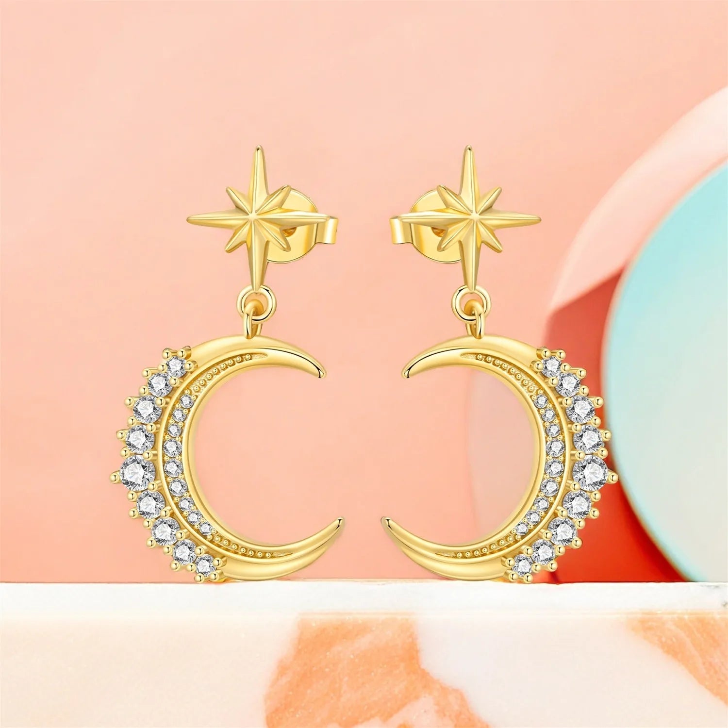 PANPOKI S925 Sterling Silver 18K Gold Sparkling Starry Moon Stud Earrings For Lady Jewelry Anniversary Trendy Original Gifts