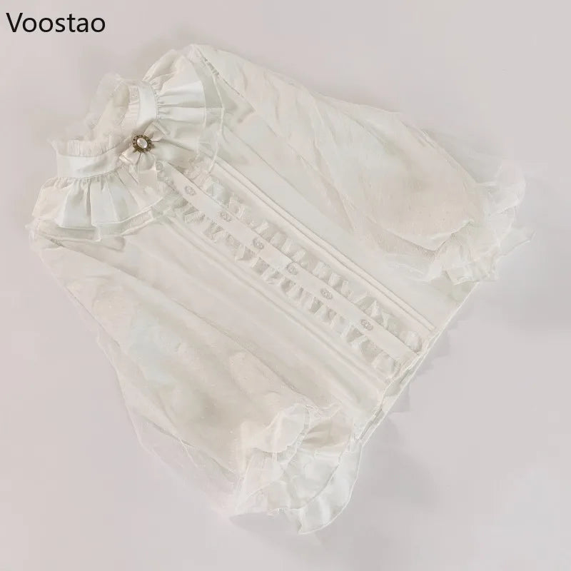 Gothic Y2k Shirts Women Vintage Lolita Style Lantern Sleeve Blouses Girls Victorian Sweet Mesh Ruffles Tops Punk Blusas Mujer