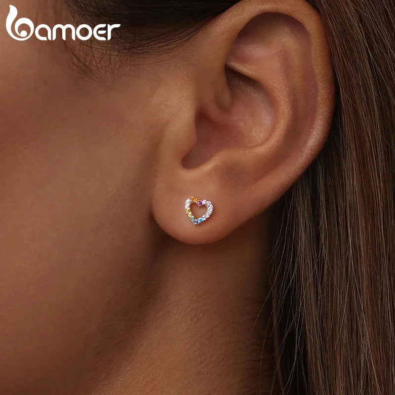 BAMOER 925 Sterling Silver Rainbow Hollowed Heart Stud Earrings for Women Full CZ Piercing Earrings Cute Jewelry Date Gift