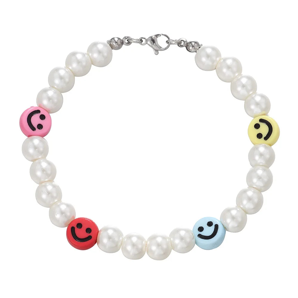 Retro Smiling Face Bead Bracelets Imitation Pearl Clay Handmade Beaded Bracelets Desinger Jewelry Unisex Accessories Lovers Gift