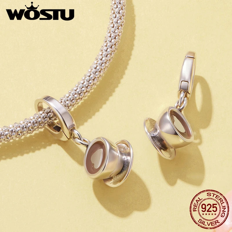 WOSTU 925 Sterling Silver Clip Charms For DIY Jewelry Making, Coffee Cup Croissant Food Bead Cross Zircon Pendant