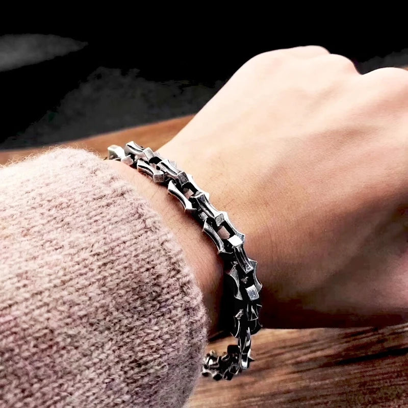 MKENDN  Punk Rock Vintage Oxidized Black Keel Chain Link Men Bracelet Punk Metal  Motorcycle Bracelets Male Jewelry