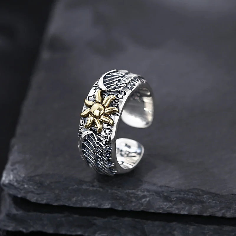 Retro Sun Wings Graffiti Ring For Men Silver Color Punk Gothic Adjustable Ring Handmade Rock Unisex Jewelry Accessories Man Gift