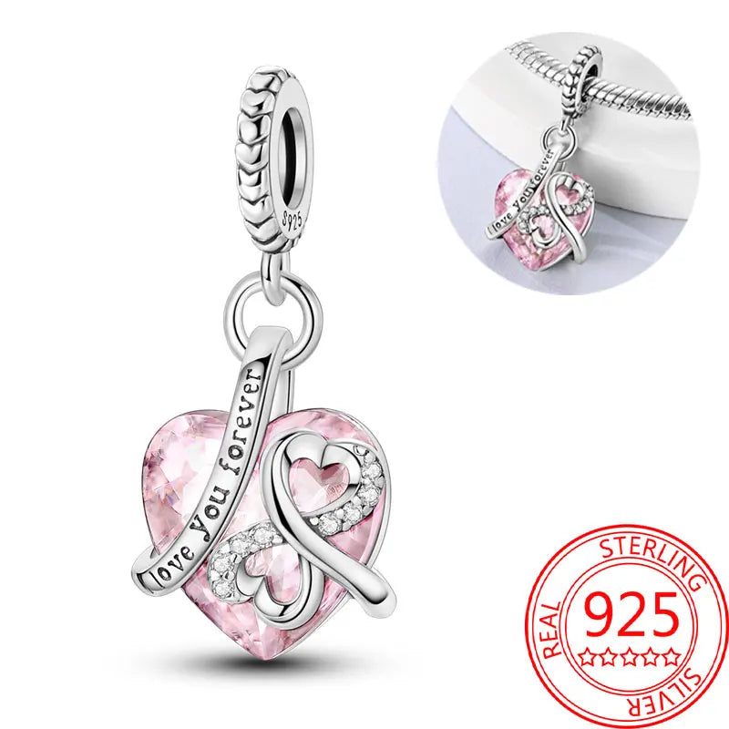 925 Sterling Silver Sparkling Pink Heart Charm Pendant Beads Fit Original Bracelet for Women Valentine Day Jewelry Gifts