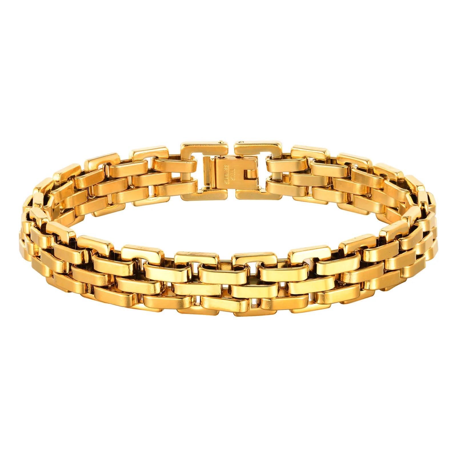 Vnox 11mm Watchband Shaped Chain Bracelet for Men Teens Boys,Strap Chain Bracelets, Black Silver Color Stainless Steel Wristband