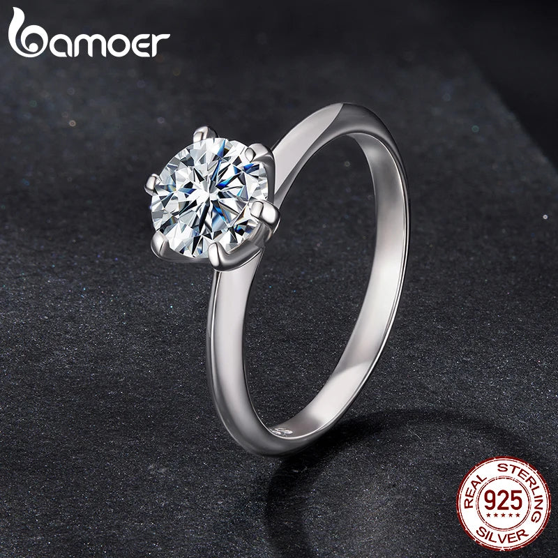BAMOER Gold Plated Solitaire Six Prong Moissanite Engagement Ring, 925 Sterling Silver Moissanite Wedding Band for Women
