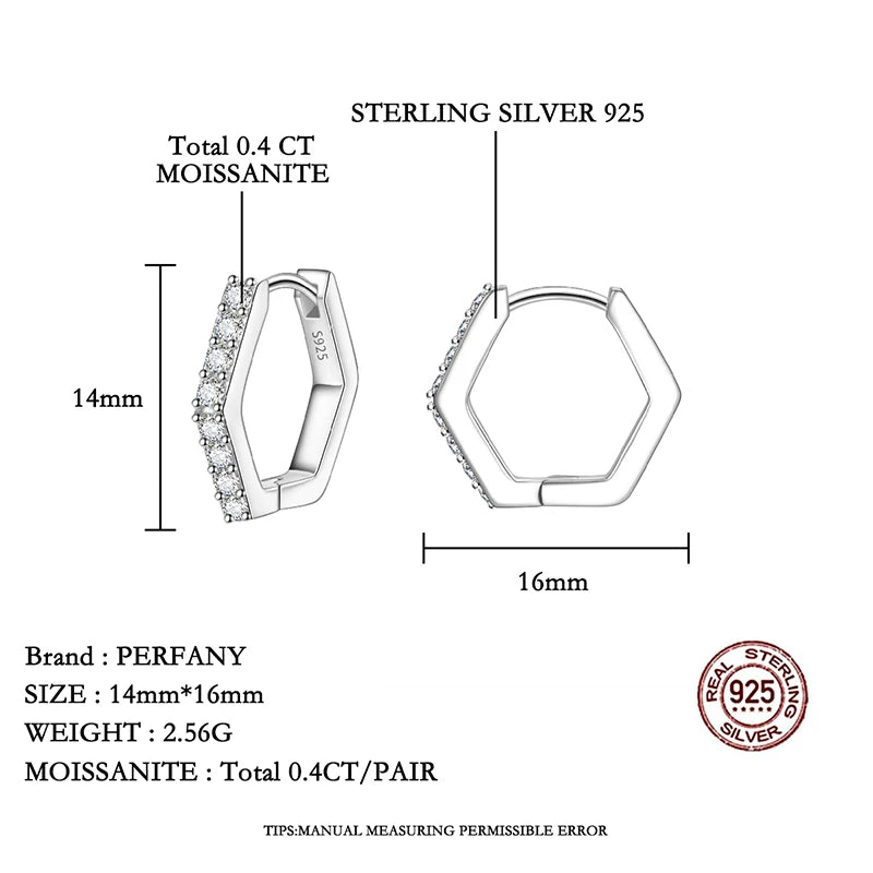 PERFANY All Moissanite Hoop Earrings for Women S925 Pure Silver Hexagonal Design Laboratory Diamond Fashion Luxury Jewelry - Madeinsea©