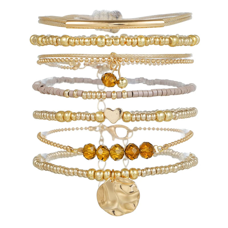 7Pcs Bohemian Heart Beads Round Pendant Bracelets For Women Elastic Beaded Stretchy Strand Chain Bangle Set Girl Party Jewelry