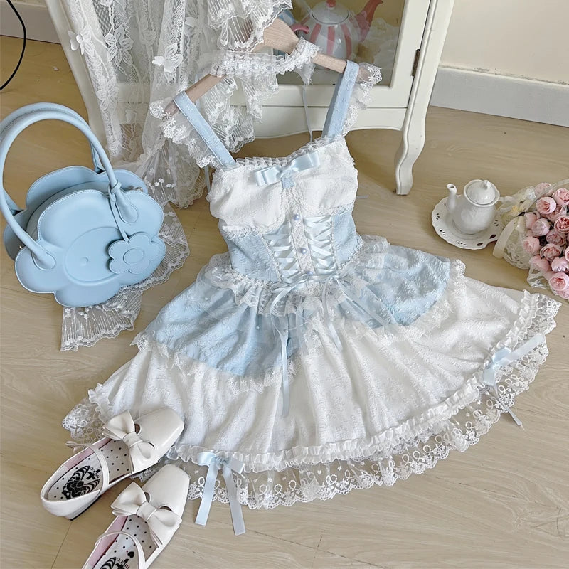 Japanese Sweet Lolita Jsk Dress Women Elegant Ruffles Lace Bandage Princess Strap Dresses Girls Y2k Kawaii Tea Party Mini Dress