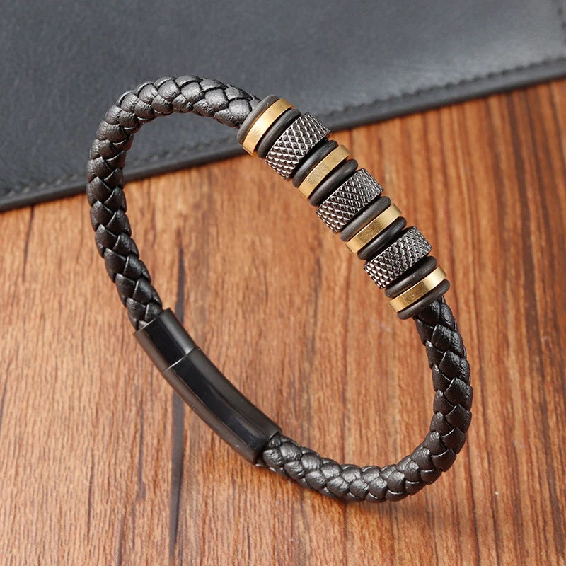 Simple Fashion Jewelry Waterproof Gold Plating Stainlees Steel Genuine Leather Bracelet Wholesale