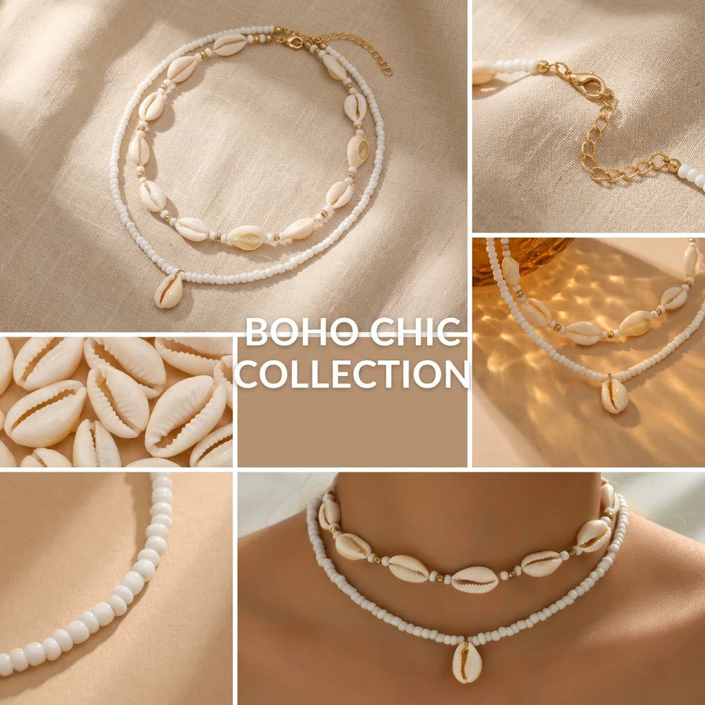 Bohemian Double Layer Seashell Necklaces For Women Handmade White Rice Beads Shell Short Collar Choker Beach Party Neck Jewelry