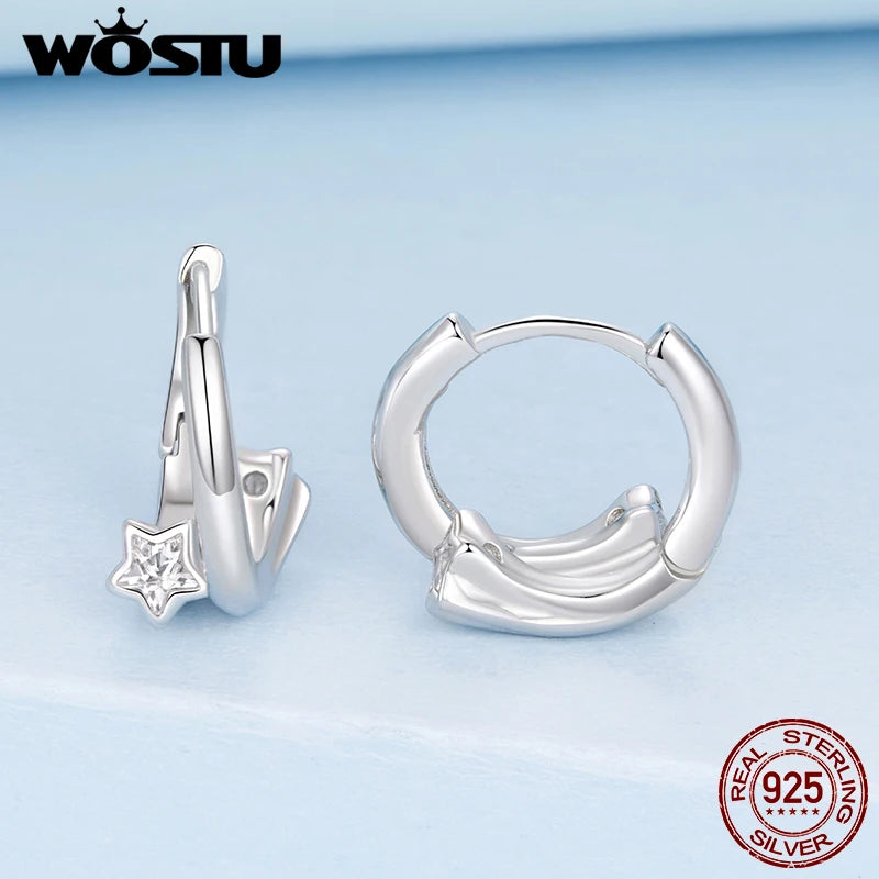 WOSTU Sterling Silver Star Huggies Earrings for Women, Minimalist CZ Hoop Earring Dainty Circle Ear Jewelry Gift for Girl
