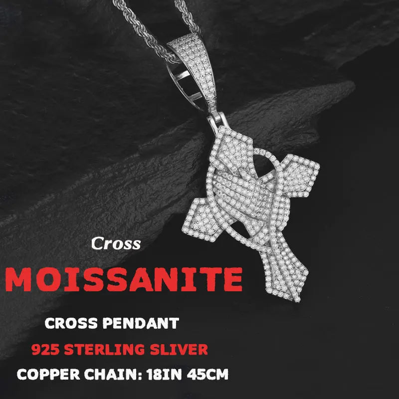 TUHE Full Moissanite Cross Pendant Necklace Original 925 Sterling Sliver Chain Plated 18k White Gold Fine Necklace For Women