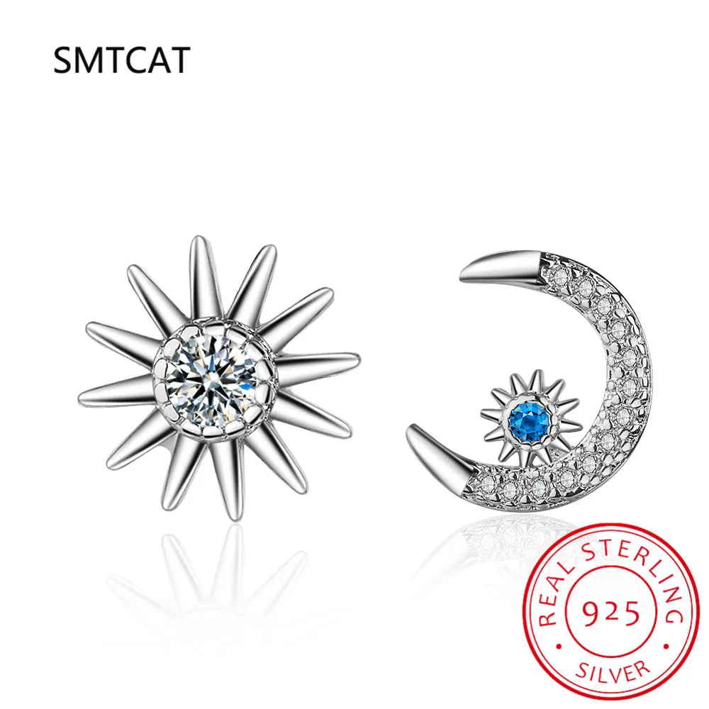 Real 925 Sterling Silver Zircon Moon Star Stud 14K Gold Earrings For Women Asymmetry Cute Fine Jewelry Drop shipping