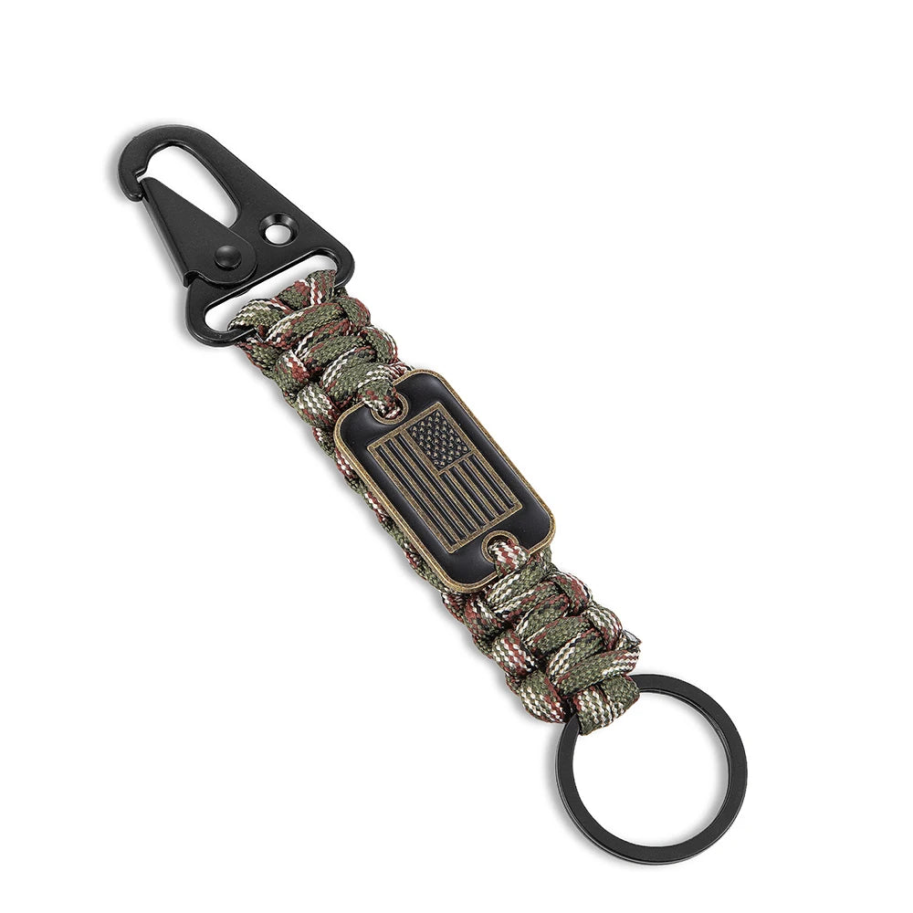 MKENDN Tactical Survival Tools Keychain with Bronze USA Flag Men Outdoor Camping Emergency Paracords Olecranon Clip Carabiner