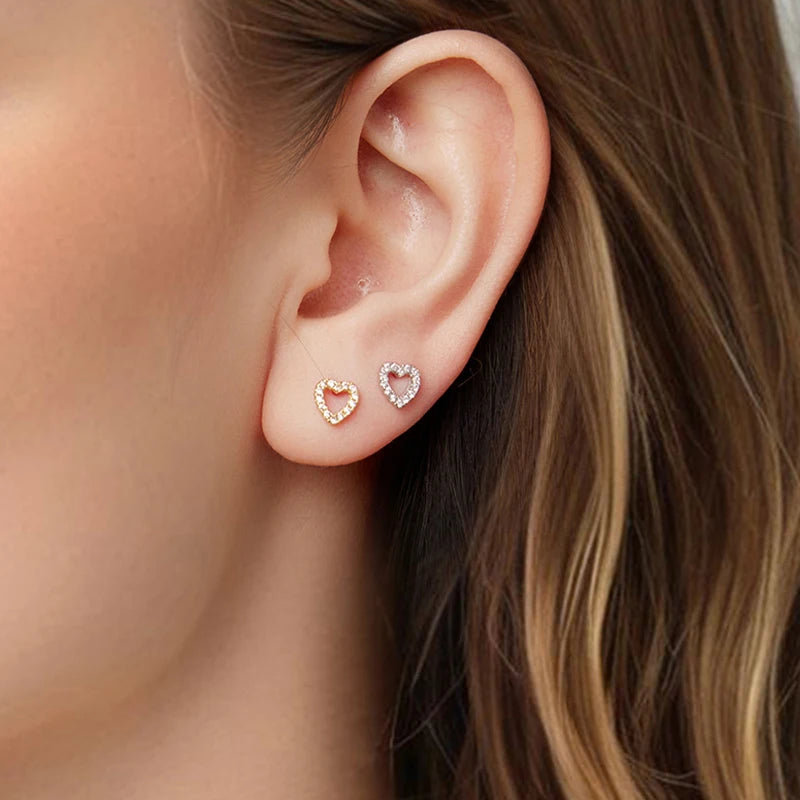 BAMOER 925 Sterling Silver 18K Hollowed Heart Stud Earrings for Women Clear CZ Cute Piercing Earrings Shiny Jewelry Date Gift