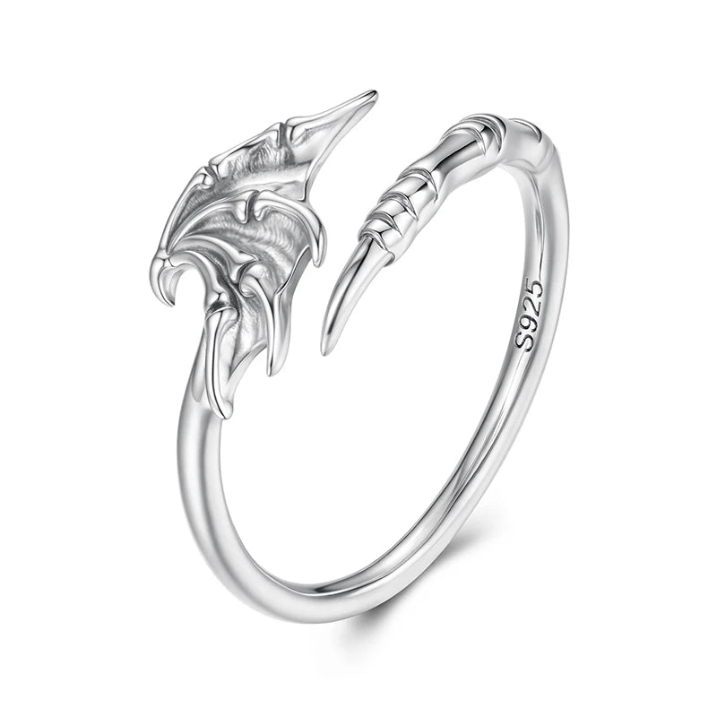 BAMOER 925 Sterling Silver Devil Wings Open Ring Vintage Style Adjustable Finger Ring Original for Women Punk Jewelry Gift