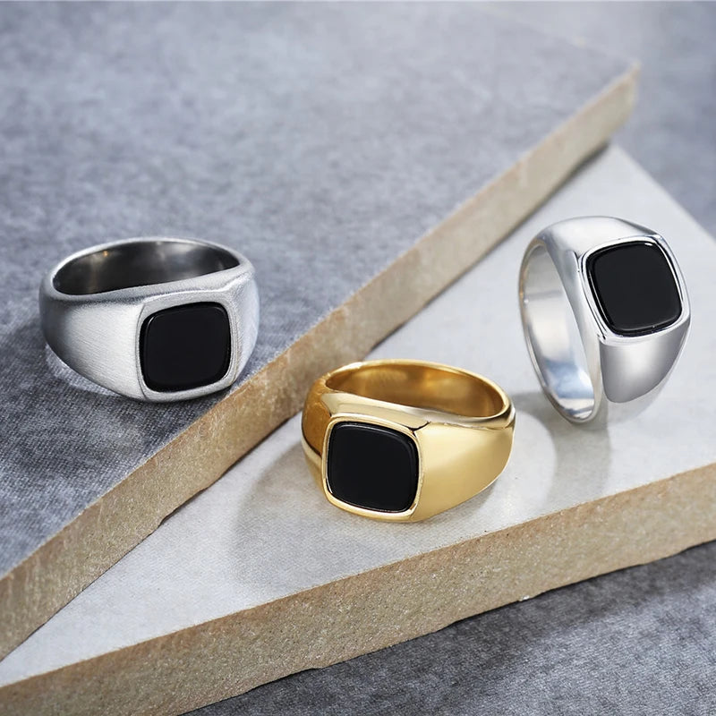 MKENDN Men's Classic Stainless Steel Polished Ring Black Square Zircon Ring Retro Rock Hip Hop Street Party Jewerlry Accessories