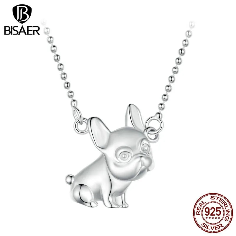 BISAER 925 Sterling Silver Cute French Bulldog Necklace Pet Dog Adjustable Chain Plated White Gold for Woman Party Fine Jewelry