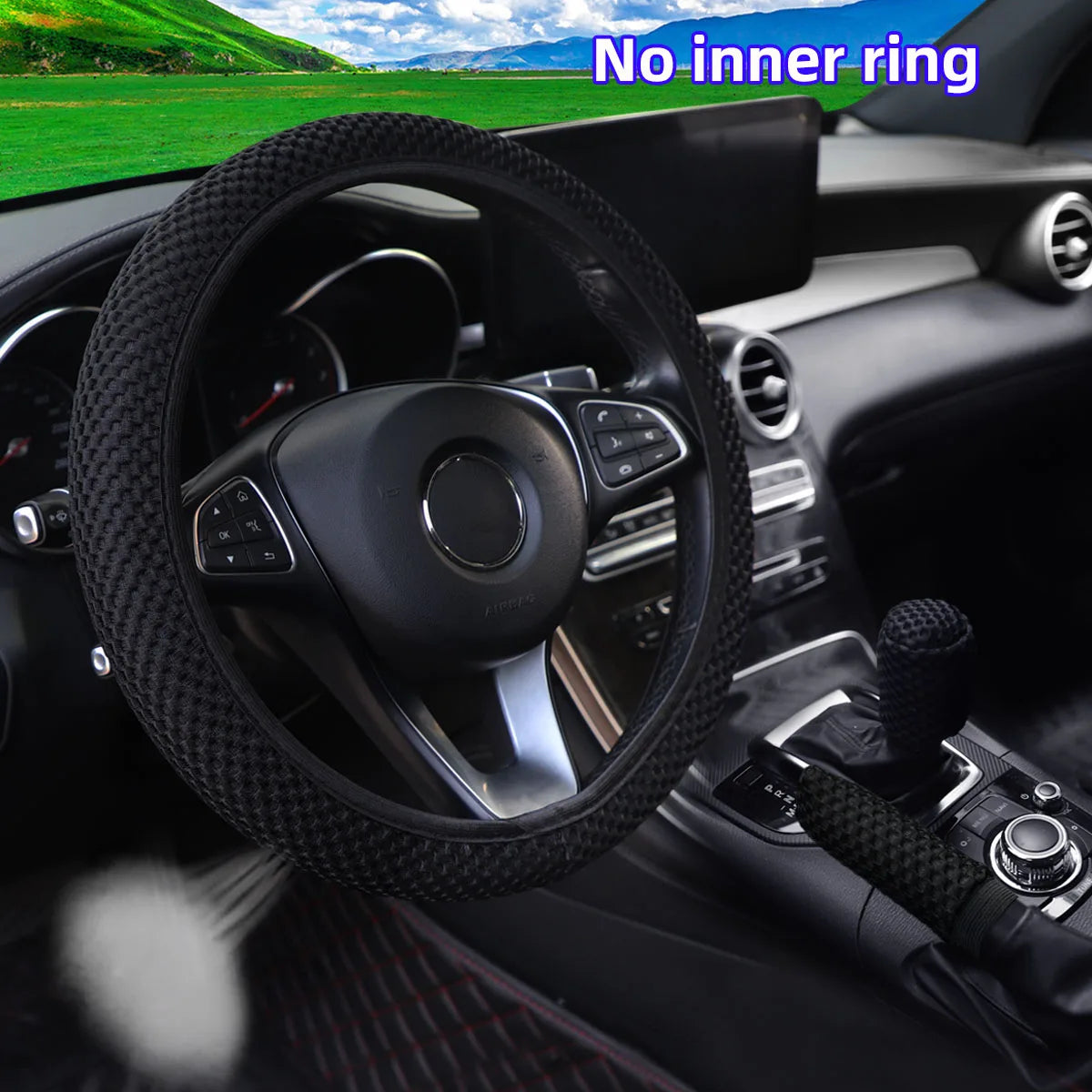 3-piece Massage Mesh Cloth Breathable Car without Inner Ring Steering Wheel Cover Handbrake Cover Handle Cover 14.5-15INCH - Madeinsea©